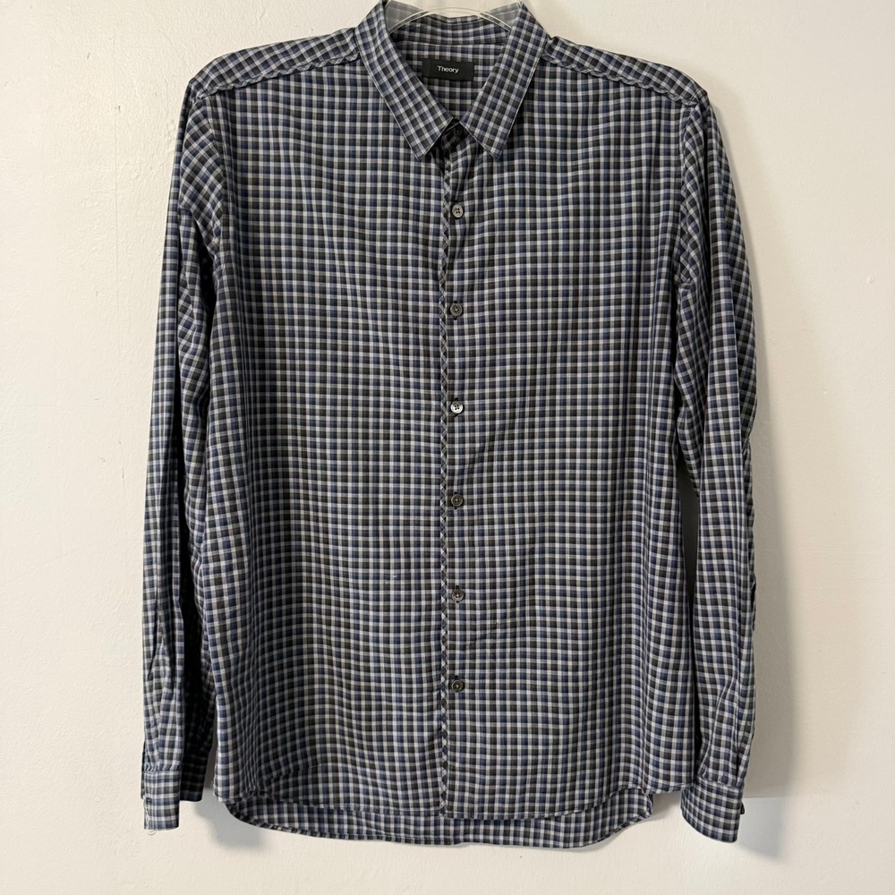 Theory Benner Trimont Men's XL Gingham Button Down Shirt Blue Grey Cotton Plaid - Picture 1 of 16
